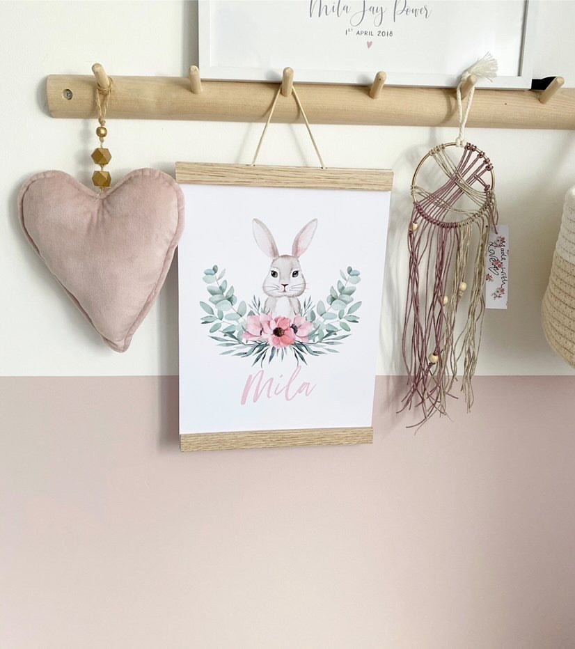 Personalised Pink Wording Floral Bunny Easter Spring Seasonal Wall Home Decor Print-0