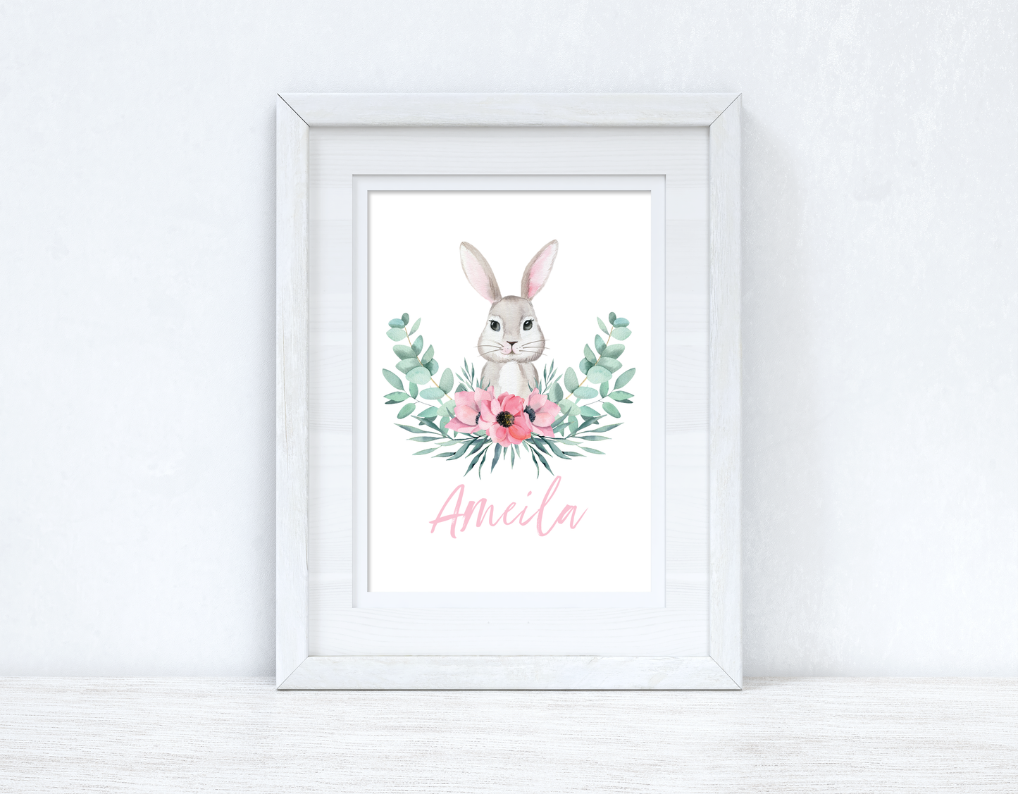 Personalised Pink Wording Floral Bunny Easter Spring Seasonal Wall Home Decor Print-1