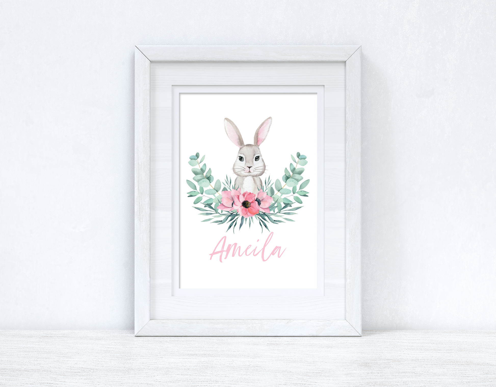Personalised Pink Wording Floral Bunny Easter Spring Seasonal Wall Home Decor Print-1